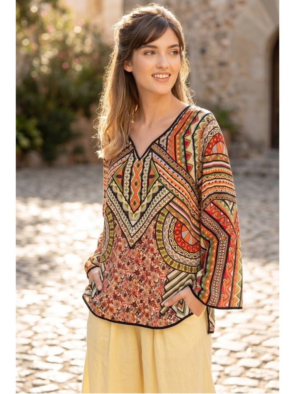 TOLANI 100% SILK FLORAL GEOMETRIC PRINT TUNIC BLOUSE
